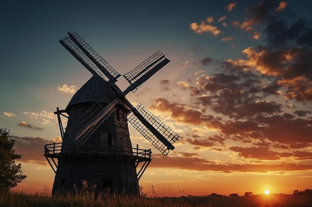 Silhouet van een rustieke windmolen bij zonsondergang