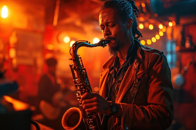 silhouet van een saxofonist tegen een vaag verlichte jazzclub achtergrond
