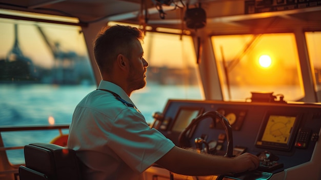 Silhouet van een scheepskapitein die vanaf de brug de horizon bij zonsondergang bekijkt