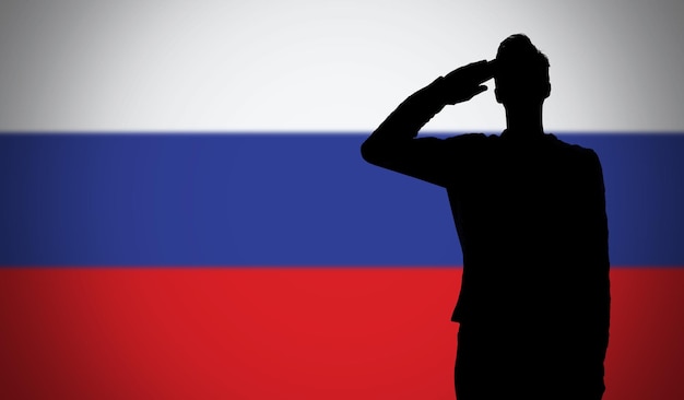 Silhouet van een soldaat die salueert tegen de vlag van rusland