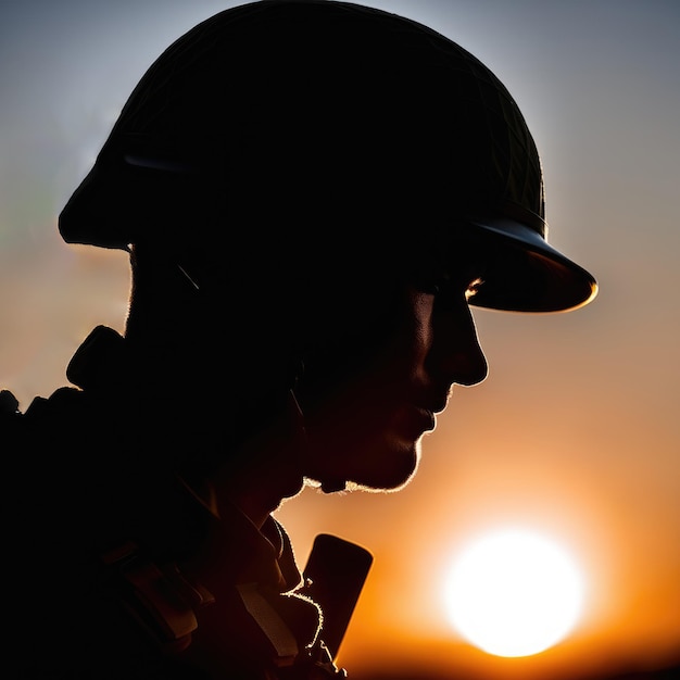 Silhouet van een soldaat tijdens zonsondergang Concept strijdkrachten