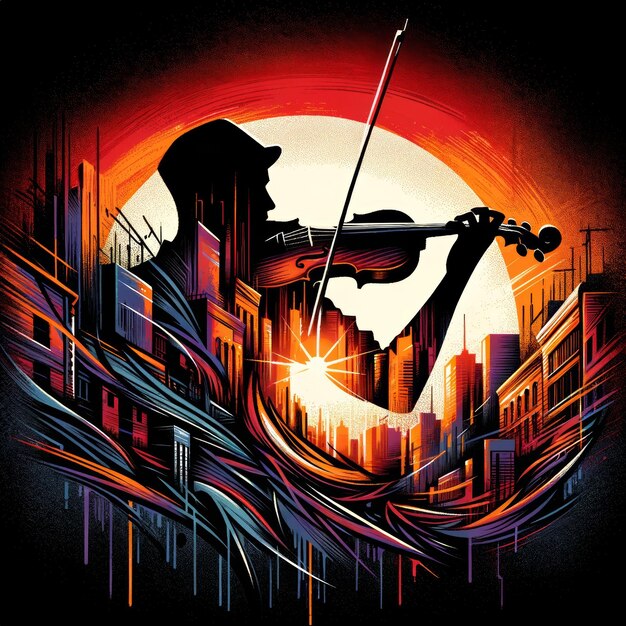 Silhouet van een stedelijke symfonische violist in de schemering