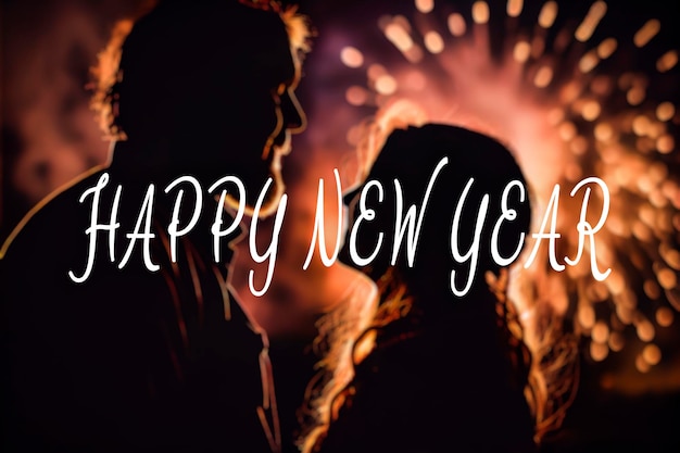 Silhouet van een stel met nieuwjaarsvuurwerk en Happy New Year-tekst