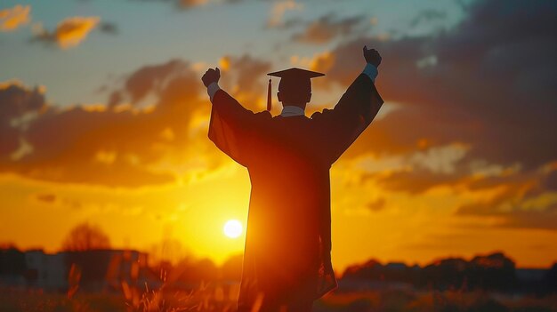 Silhouet van een student die zijn afstuderen viert en naar het zonlicht kijkt.