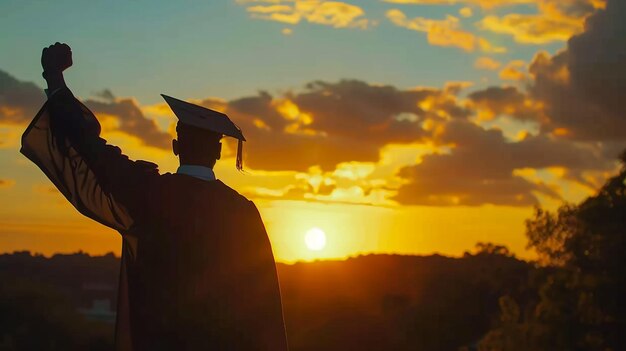 Silhouet van een student die zijn afstuderen viert en naar het zonlicht kijkt.