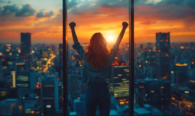 Silhouet van een succesvolle vrouw staat bij panoramische ramen tijdens een prachtige zonsondergang in het stadsbeeld achtergrond succes zakelijke levensstijl concept