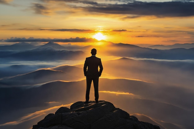 Silhouet van een succesvolle zakenman een man in een pak die op de top van een berg staat en naar de zonsopgang kijkt op de achtergrond van rotsen Concept van concurrentie en leiderschap Kopieer ruimte