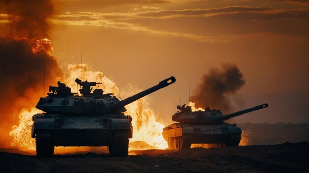 Silhouet van een tank op het slagveld