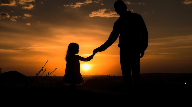 Silhouet van een vader en dochter hand in hand bij zonsondergang