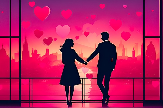 Silhouet van een verliefd stel een man en een vrouw die elkaar de hand geven en kijken naar een fantastische stad in rood en