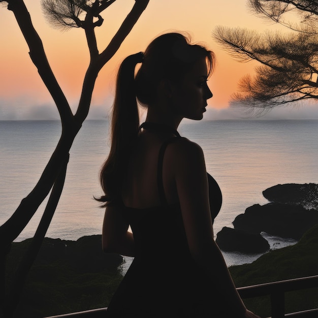silhouet van een vrouw bij zonsondergang op het strand silhouet of een vrouw bij zonondergang op de bea