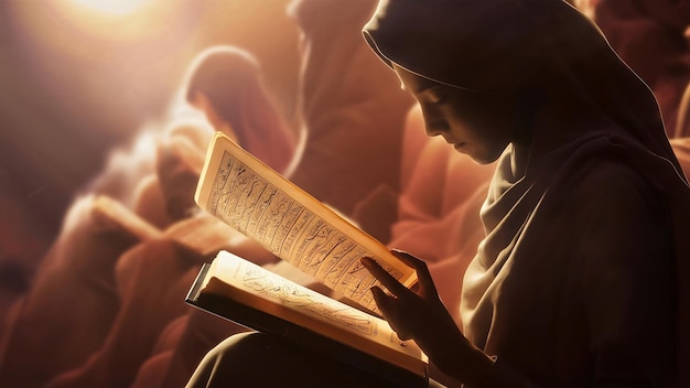 Silhouet van een vrouw die de Koran leest