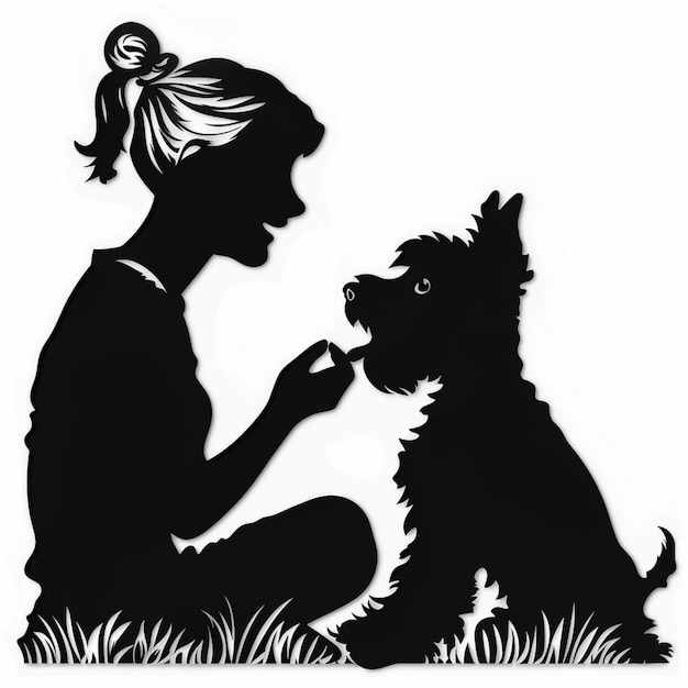 Foto silhouet van een vrouw die een hond voedt met haar hand generatieve ai