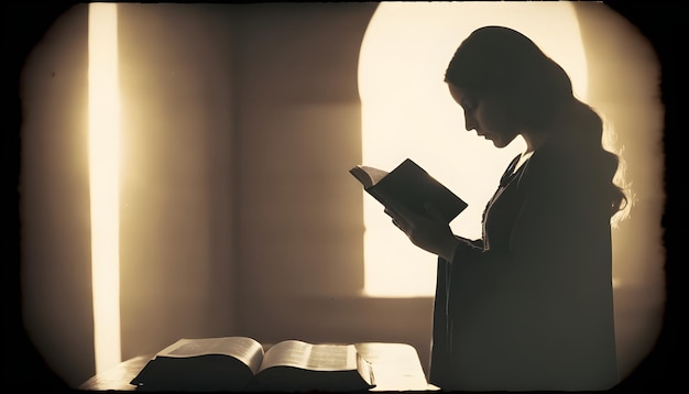 Foto silhouet van een vrouw die een open boek leest