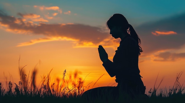 Silhouet van een vrouw die knielt en bidt voor aanbidding God op de hemelachtergrond Christenen bidden tot Jezus Christus voor kalmte. In de ochtend kwamen mensen naar een rustige plek en baden kopieerruimte