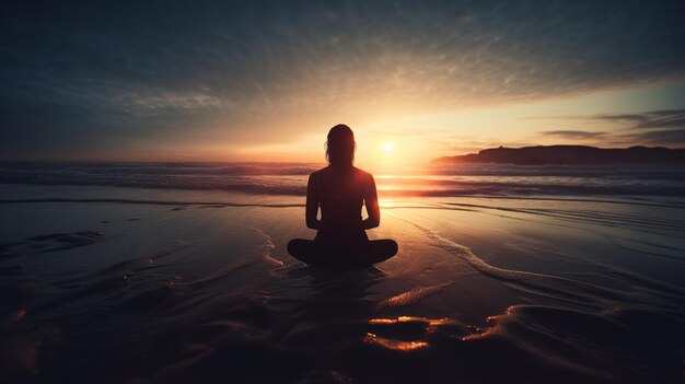 Silhouet van een vrouw die mediteert op het strand bij zonsonderganggeneratieve ai