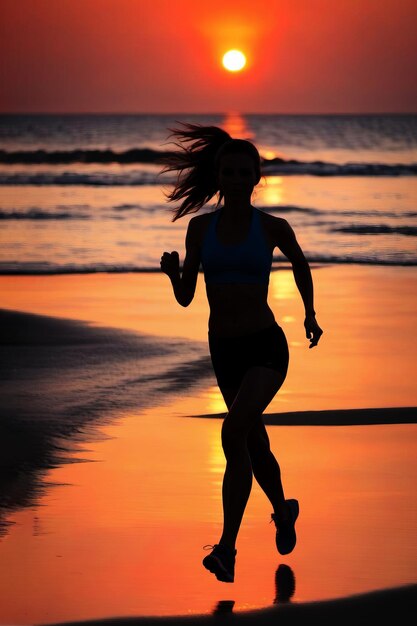 Silhouet van een vrouw die op het strand loopt bij zonsondergang Gezonde levensstijl concept poster banner copy space