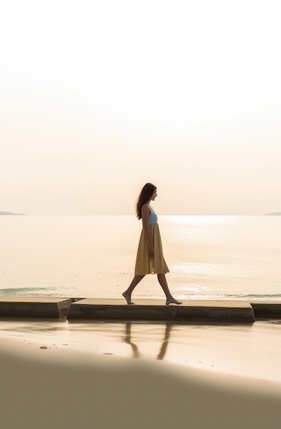 Foto silhouet van een vrouw die tijdens de zonsondergang op het strand loopt