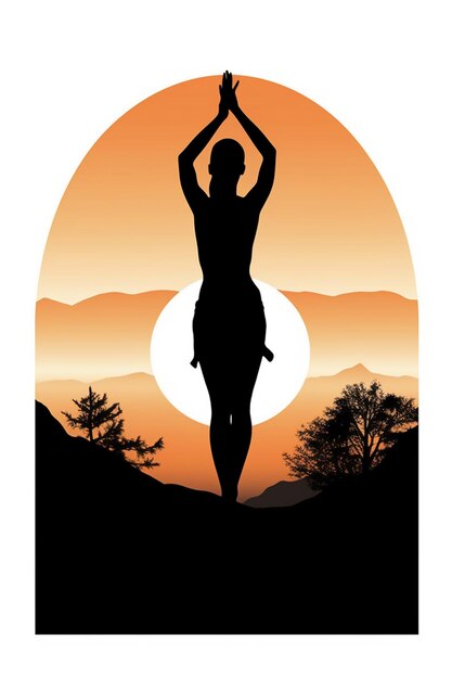 silhouet van een vrouw die yoga doet op een berg bij zonsondergang generatieve ai