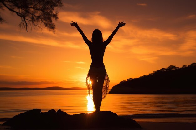 Silhouet van een vrouw die yoga doet op het strand Generatieve AI