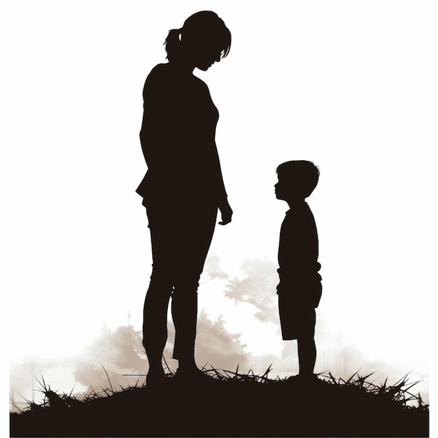 Foto silhouet van een vrouw en een kind dat zich op een heuvel generatieve ai bevindt