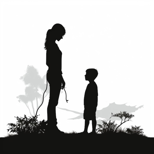 Foto silhouet van een vrouw en een kind dat zich op een heuvel generatieve ai bevindt