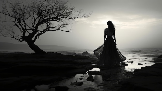 silhouet van een vrouw in de mist bij een boom vlakbij de zee