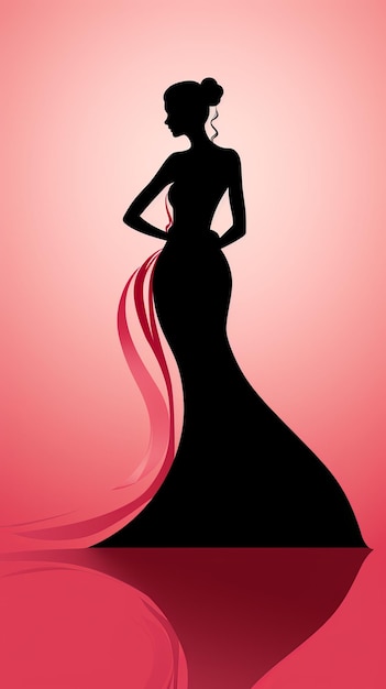 Foto silhouet van een vrouw in een lange jurk op een roze achtergrond