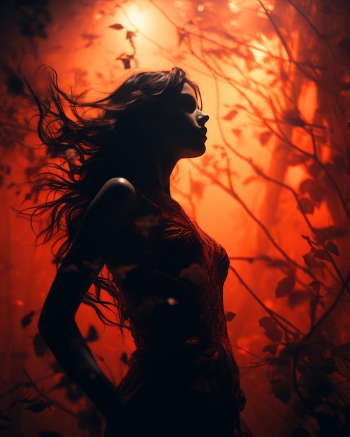 Foto silhouet van een vrouw in het rode bos met bladeren die in de wind waaien