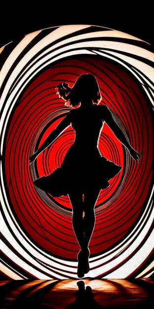 Silhouet van een vrouw in het zwart op een rode cirkelachtergrond