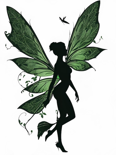 Silhouet van een vrouw met groene vlindervleugels op een witte achtergrond