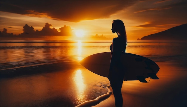 silhouet van een vrouw op het strand met een surfboard