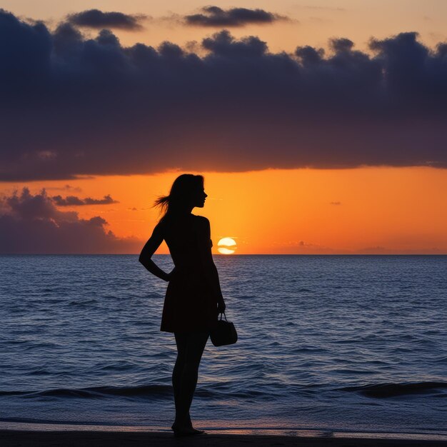 silhouet van een vrouw op het zonsondergangstrand silhoeet van een vrouwen op het zonsundergangstrand