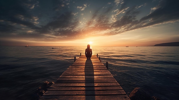 Foto silhouet van een vrouw zittend op een houten pier bij zonsonderganggeneratieve ai