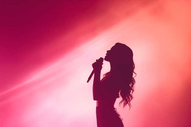 Silhouet van een vrouwelijke zangeres op het podium met roze lichten