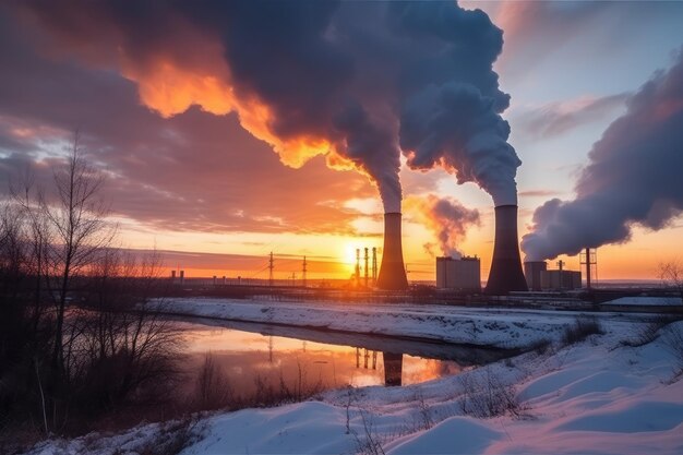 Silhouet van een zonondergang in de winter van een elektriciteitscentrale Rook van verbrande kolenpijpen