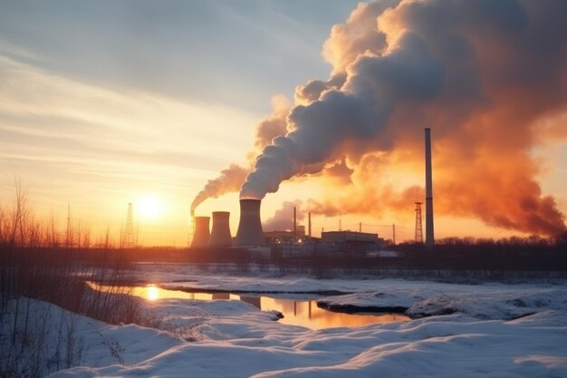 Silhouet van een zonondergang in de winter van een elektriciteitscentrale Rook van verbrande kolenpijpen