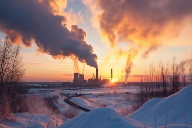 Silhouet van een zonondergang in de winter van een elektriciteitscentrale Rook van verbrande kolenpijpen