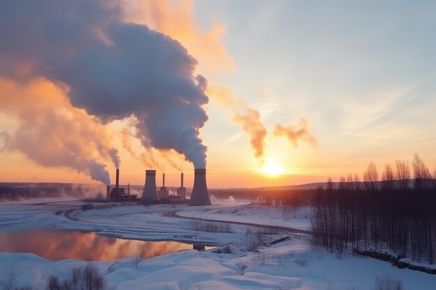 Silhouet van een zonondergang in de winter van een elektriciteitscentrale Rook van verbrande kolenpijpen