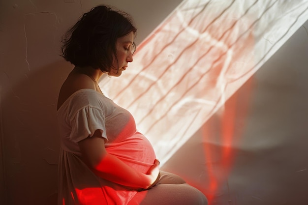 silhouet van een zwangere vrouw die haar buik knuffelt te midden van zachte pasteltinten