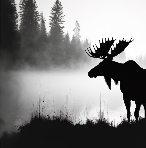 Foto silhouet van elanden in het mistige mistige bos bij dageraad. digitale kunst illustraties