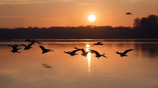 Silhouet van ganzen die boven water vliegen