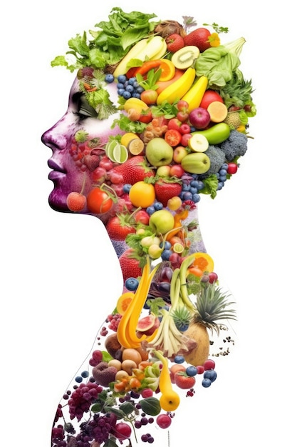 Silhouet van het lichaam van een gezonde vrouw, samengesteld uit groenten met een witte achtergrond die gezond en vegetarisch voedsel vertegenwoordigt Generatieve AI
