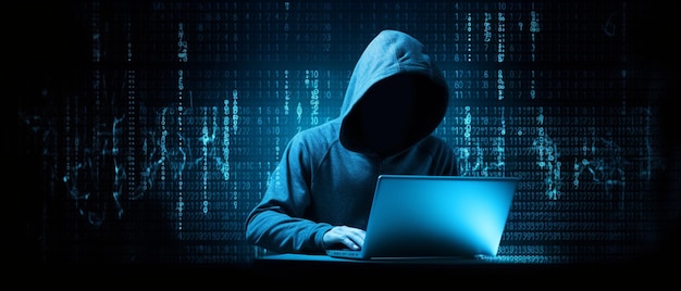 Silhouet Van Hooded Criminele Hacking Computer Op Binaire Code Achtergrond Cyber Crime Concept