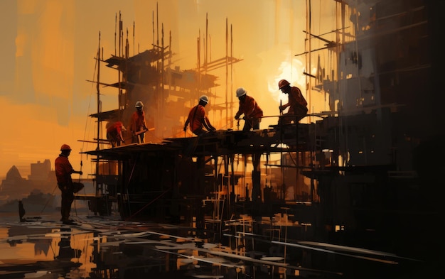 Silhouet van ingenieur en arbeider op de bouwplaats bij zonsondergang in de avondtijd Generatieve AI