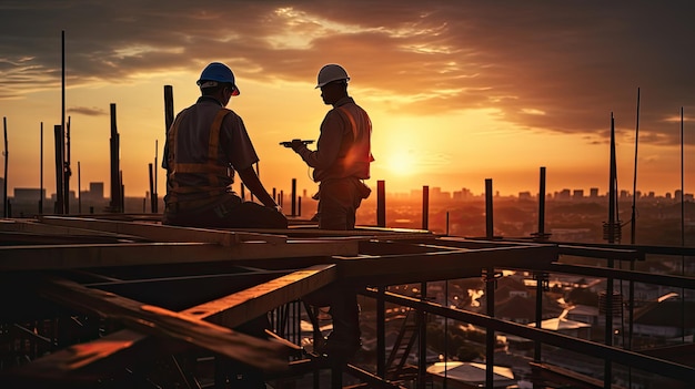 Silhouet van ingenieur en werknemer op de bouwplaats van de bouwplaats bij zonsondergang in de avondtijd