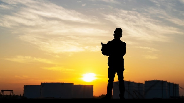 Silhouet van ingenieur met uitknippad onder inspectie en controle van olieopslagtank