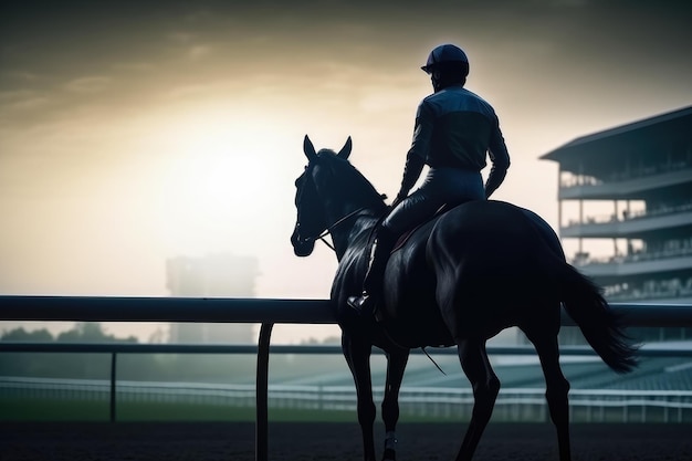 Silhouet van jockey en zijn paard Paardenraces in het stadion gecreëerd met Generative Ai Technology