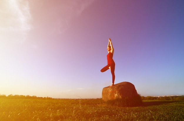 Silhouet van jong blondemeisje in de praktijkyoga van het sportkostuum op een schilderachtige groene heuvel in de avond bij zonsondergang.