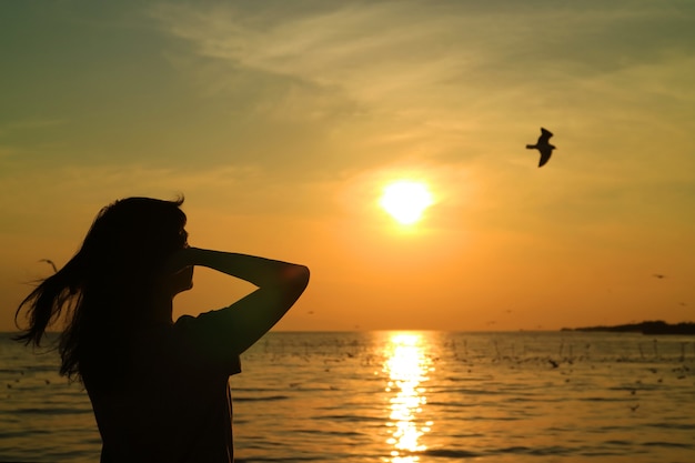 Silhouet van jonge vrouw die op de zon letten die op gouden hemel met een vliegende vogel toenemen
